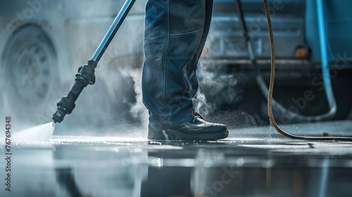 A man is standing in front of a truck with a pressure washer. He is wearing blue jeans and a black jacket