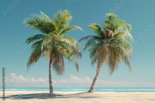Two palm trees on a beach with the ocean in front of them. Generative AI. © serg3d