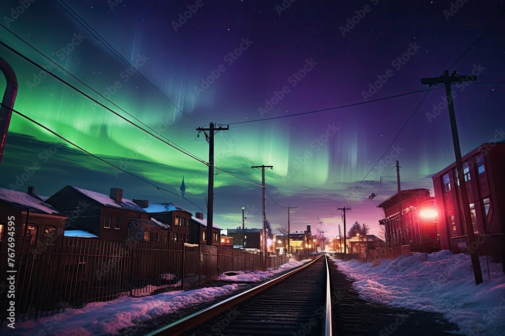 Northern lights over city: a dreamy night sky illuminated by the aurora borealis