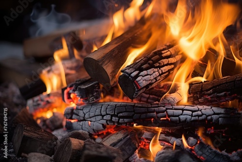 Close-up shot of fiery fireplace illuminating coals and logs with warmth and brightness