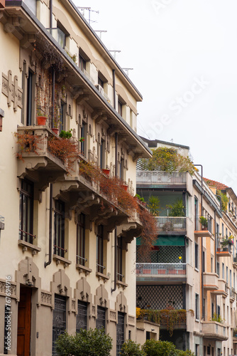Typical Italian buildings and street view in Milan, Lombardy Italy