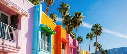 A row of colorful buildings with palm trees in front of them. The buildings are painted in different colors, creating a vibrant and lively atmosphere photo