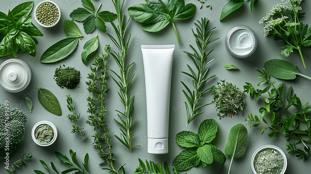 Sleek skincare tube beside a selection of herbs high in glutathione, mockup for detoxifying herbal cosmetics - obrazy, fototapety, plakaty 