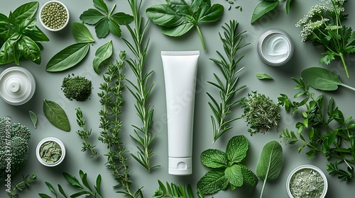 Sleek skincare tube beside a selection of herbs high in glutathione, mockup for detoxifying herbal cosmetics