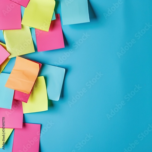 A blue background with a bunch of colorful sticky notes scattered around it. The notes are of different colors and sizes, and they seem to be arranged in a haphazard manner photo