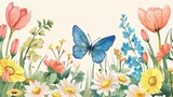 A colorful field of flowers with a blue butterfly flying through it. Concept of joy and freedom, as the butterfly flits from flower to flower, seemingly carefree and happy