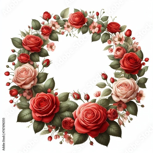 Floral Round Frame with Red Rose Flowers for Mother s Day  Women s Day  and Valentine s Day on White Background