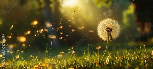 A dandelion is blowing in the wind in a field of grass. The scene is peaceful and serene, with the sun shining brightly overhead photo