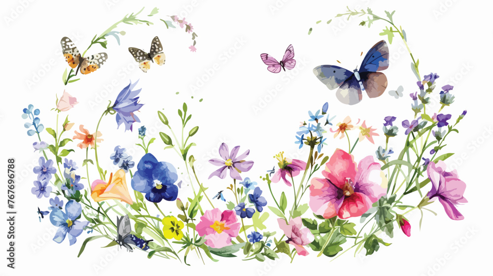 Flowers in circle floral pattern with butterflies. 