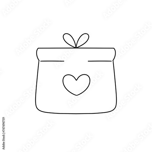 A white bag with a heart drawn on it. The bag is a gift bag and is meant to be used for presents