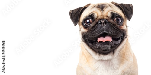 A pug dog is smiling and looking at the camera. The dog has a tongue sticking out and its eyes are wide open photo