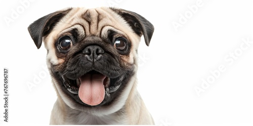 A pug dog is smiling and has its tongue out. The dog is looking at the camera and he is happy