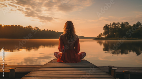 woman meditating on the lake at sunrise © Pakhnyushchyy