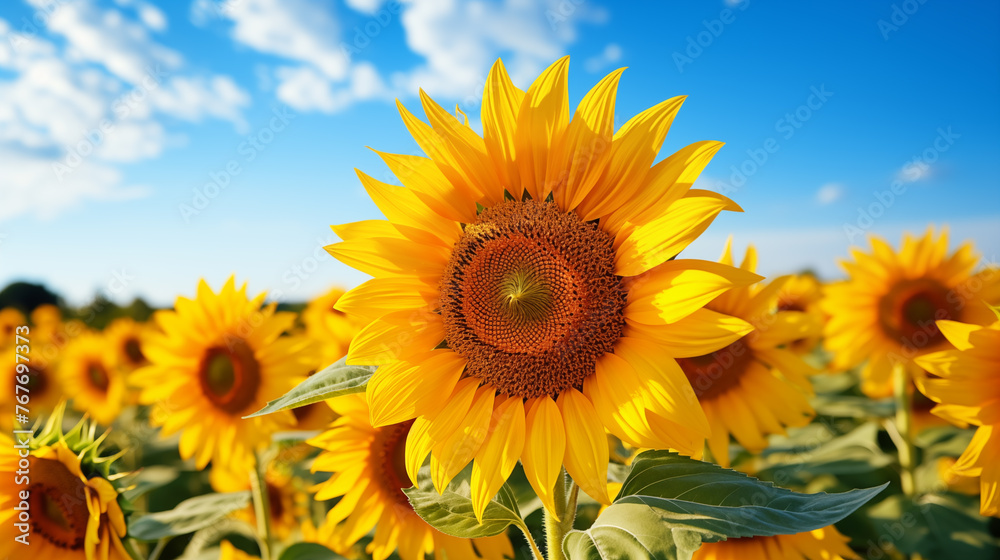 Sunflower field with cloudy blue sky