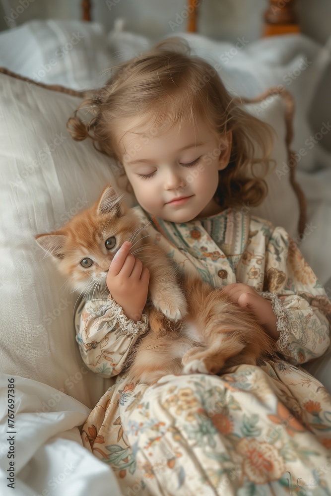 Little Girl Laying in Bed With Cat Little Girl Laying in Bed With Cat