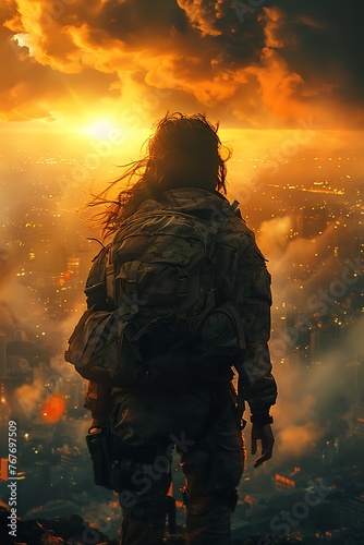 Silhouette female soldier looking at the war-torn city- movie poster background- AI generated
