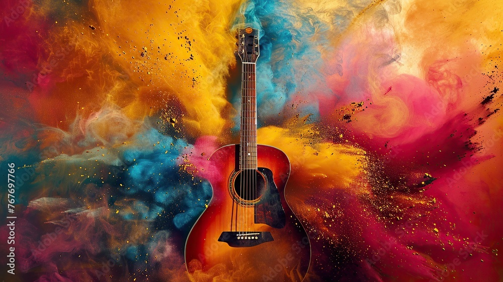 isolated guitar with colorful paint powder in the background. Creative rainbow music artwork