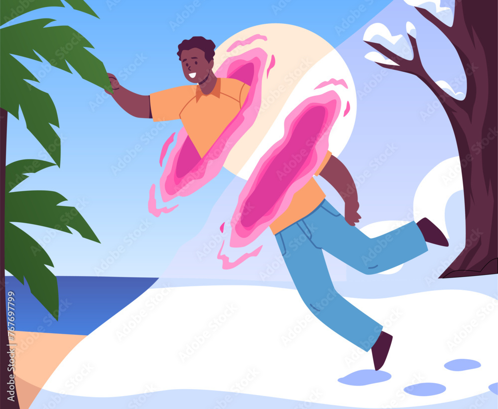 Teleportation jump of a man from the snow to the sea in the Metaverse.