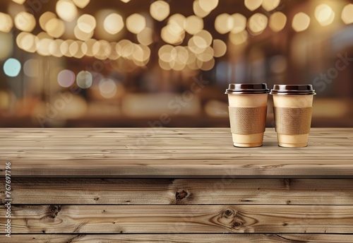 Two coffee cups on a wooden table with a blurry background. The cups are brown and have lids