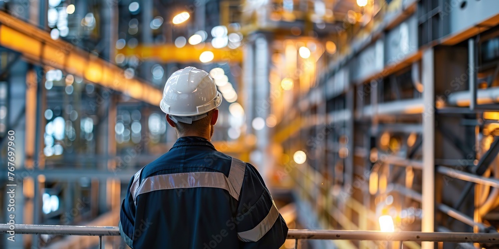 A man in a hard hat stands on a railing in a large industrial building. The scene is dimly lit, with a few lights visible in the background. The man is observing something