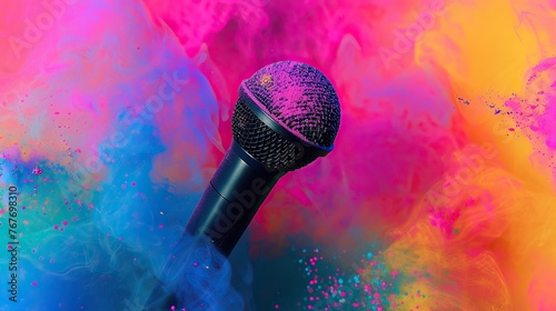 microphone with colorful paint dust background. world music day banner concept
