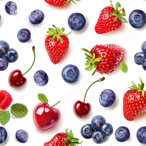 A colorful fruit pattern with cherries  blueberries  and strawberries. Concept of freshness and abundance  as well as the idea of a healthy and nutritious diet