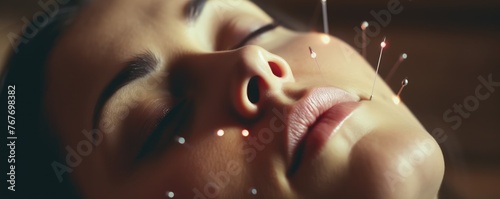 woman face with acupuncture needles on her face detail