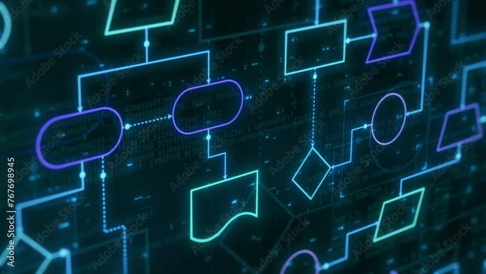 software development flowchart, concept for computer programming, machine learning, visual representation of code flow (3d render)