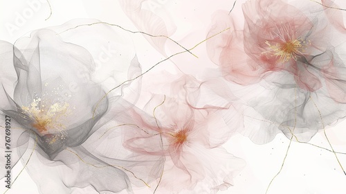 A painting of three flowers with gold accents. The flowers are pink and white, and the gold accents add a touch of elegance and luxury to the piece. The overall mood of the painting is serene