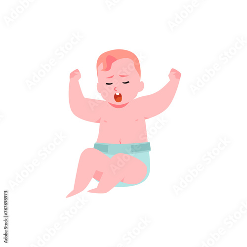 Fotografie Cute little baby in diaper sitting and screaming, vector cartoon first year boy