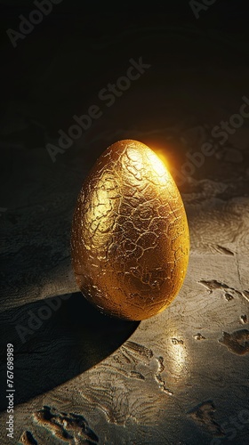 A golden egg is sitting on a rocky surface. The egg is cracked and has a rough texture. The scene is dark and moody, with the egg standing out as the focal point © Dawid