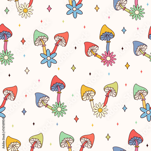 Funny Groovy seamless pattern in trendy retro style. Y2k collection. Retro y2k style. Retro hipster y2k pattern. Trendy Cartoon Characters.