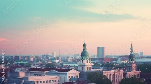 Picturesque Cityscape at Sunset with Historical Architecture © evening_tao