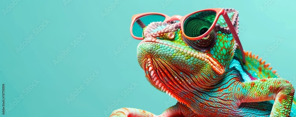 Photo of A chameleon wearing sunglasses on green background, cute colorful animal character concept, copy space banner for advertising and marketing in advertising