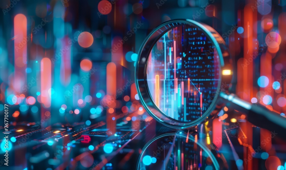 The dominant view of a magnifying glass over a business chart with a technology background. A concept for stock market or financial data analysis. The dominant view of a magnifying glass over a business chart with a technology background. A concept for stock market or financial data analysis.