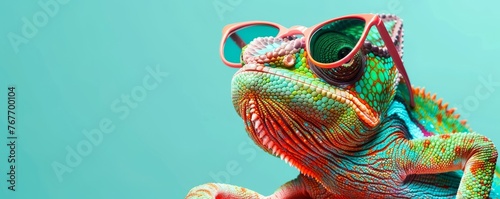 Photo of A chameleon wearing sunglasses on green background, cute colorful animal character concept, copy space banner for advertising and marketing in advertising