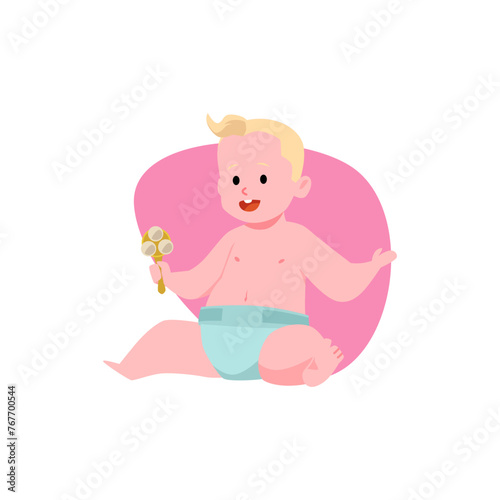 Happy blonde baby boy in diaper holding rattle flat style, vector illustration