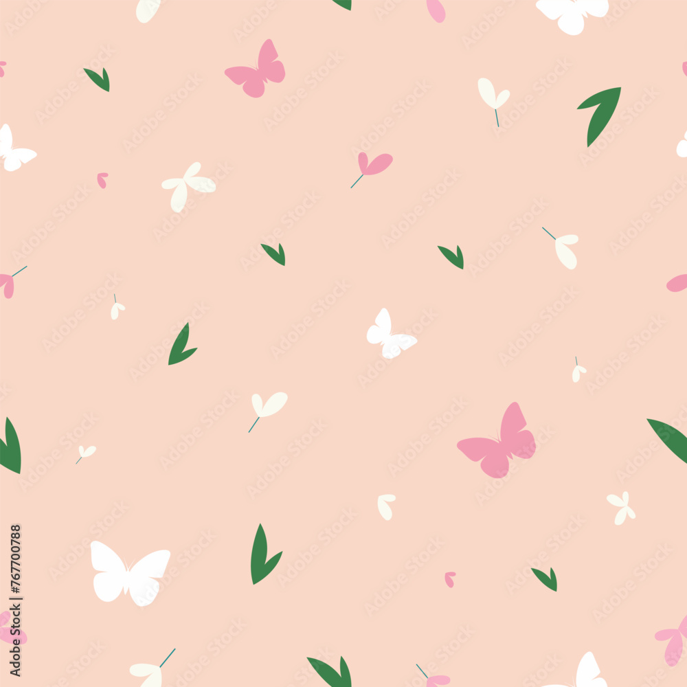 Vector seamless flat pattern with minimalistic flowers, butterflies, and petals in delicate pastel colors.
