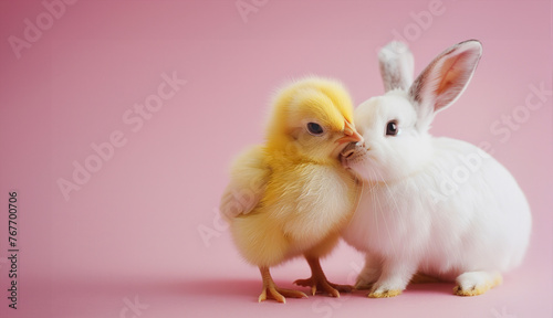 a yellow chick with a white rabbit in a captivating pose against a serene light pink monochromatic backdrop, its endearing presence shining brightly in a heartwarming and delightful image