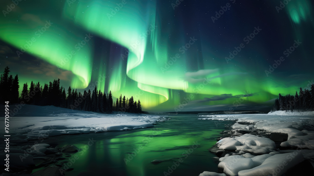 Majestic Northern Lights Over Frozen River