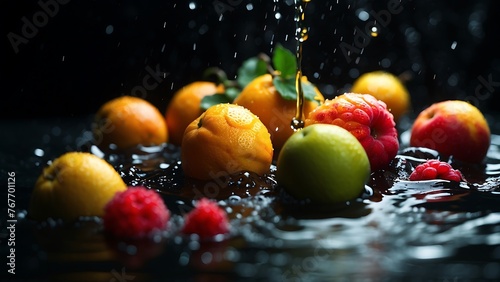 Delicious fruit sinks into the water, forming bubbles. Take a slow-motion photo, refreshing , Increase color saturation