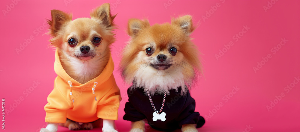 Two dogs wearing sunglasses and Hawaiian shirts pose for a photo. The dogs are wearing sunglasses and a necklace, and they are sitting on a pink background. The photo has a fun and playful mood