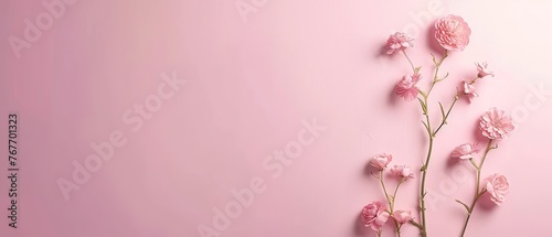 Pink flowers on a pink background. The flowers are arranged in a way that they look like they are growing out of the wall. Scene is one of beauty and elegance