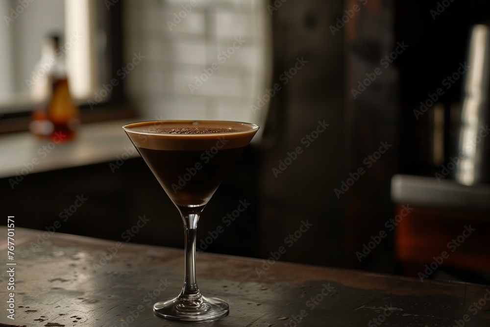 Espresso Martini, reflecting the trend of coffee infused cocktails, rich and dark against a modern, minimalist setting