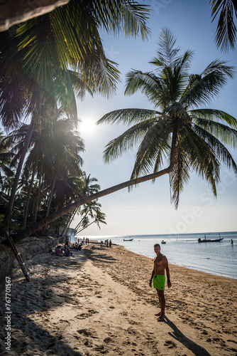 mężczyzna pod palmą na plaży