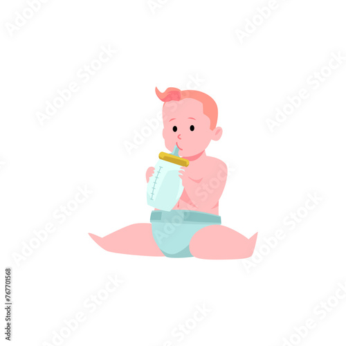 Cute little baby in diaper eats from a bottle with a nipple, vector cartoon first year of child feeding, healthy infant