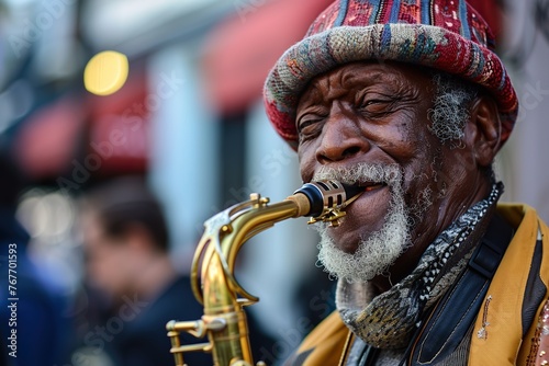 A man with a red hat and beard is playing a saxophone. He is smiling and he is enjoying himself