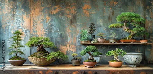 A collection of potted plants, including bonsai trees, are displayed on a wooden shelf. The plants are arranged in various sizes and shapes, creating a visually appealing and diverse display