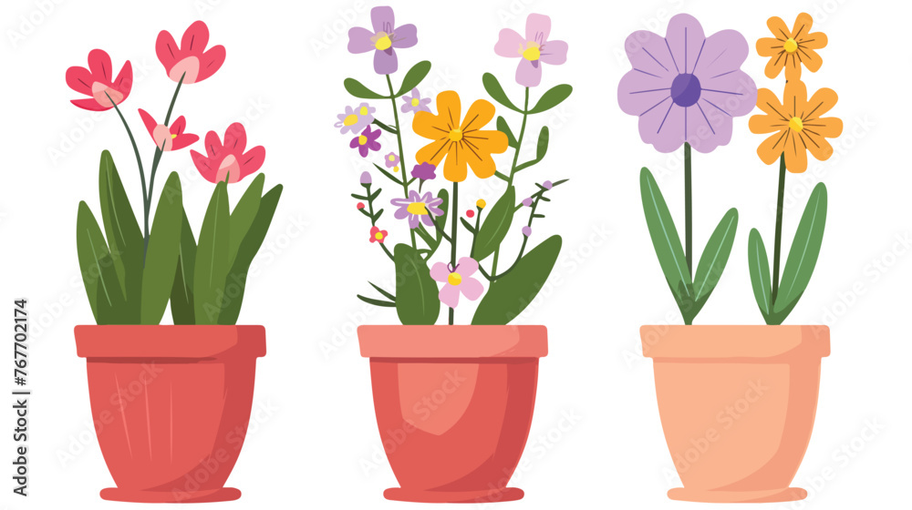 Spring Flowers in Pot flat vector isolated on white background