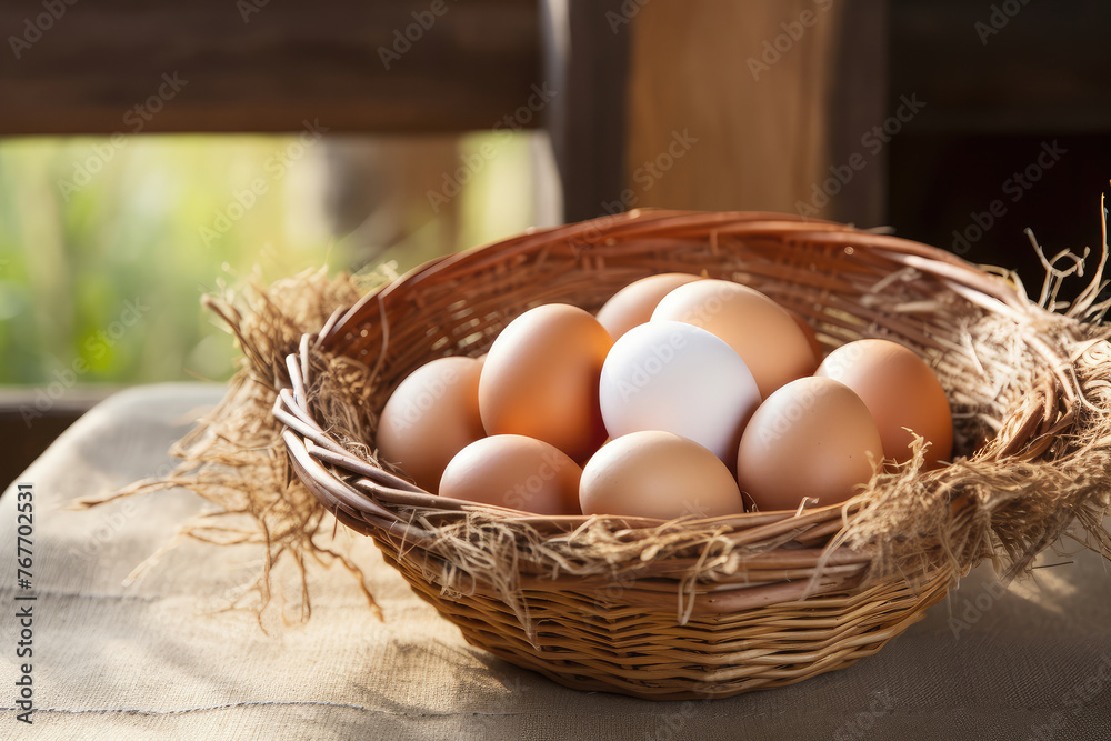 Fresh Organic Eggs in Rustic Basket Setting Fresh Organic Eggs in Rustic Basket Setting